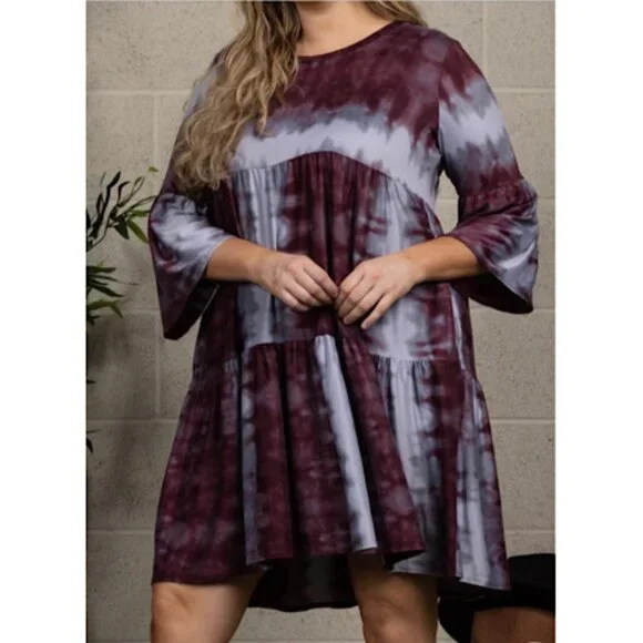 NWOT Burgundy Tie Dye Plus Size Casual Midi Dress with Side  Pockets. Bohemian - Picture 4 of 7